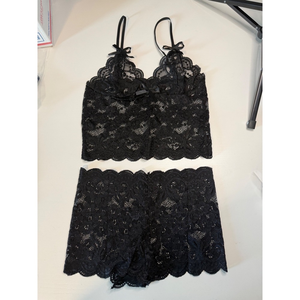 Black Floral Lace Lingerie Set Camisole and Shorts Two Piece Sleepwear Bows